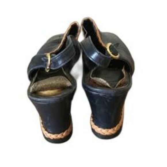 Vintage 60s 70s Navy Blue Pleather Slippers Size 6 1/2 with Tan Braid Trim - Picture 5 of 5